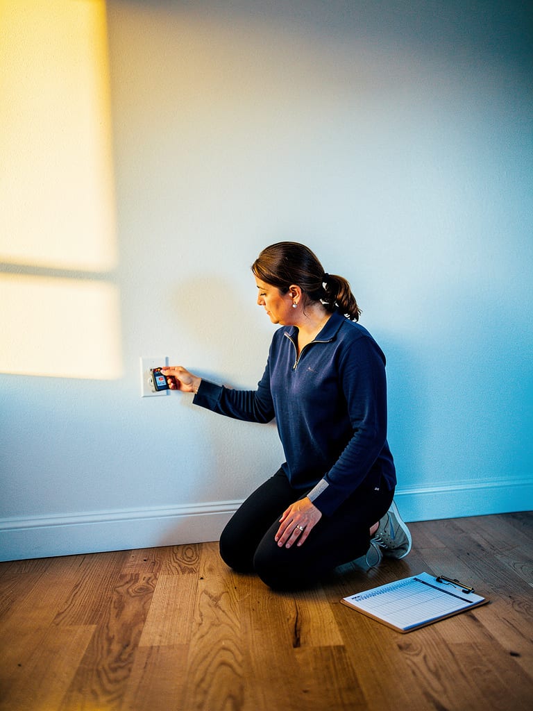 A property manager kneeling to check a baseboard outlet during a move-in inspection of an empty apartment