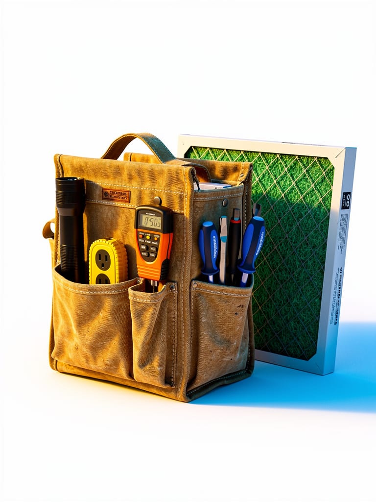A worn canvas tool bag with a flashlight, tape measure and screwdriver set on a white background