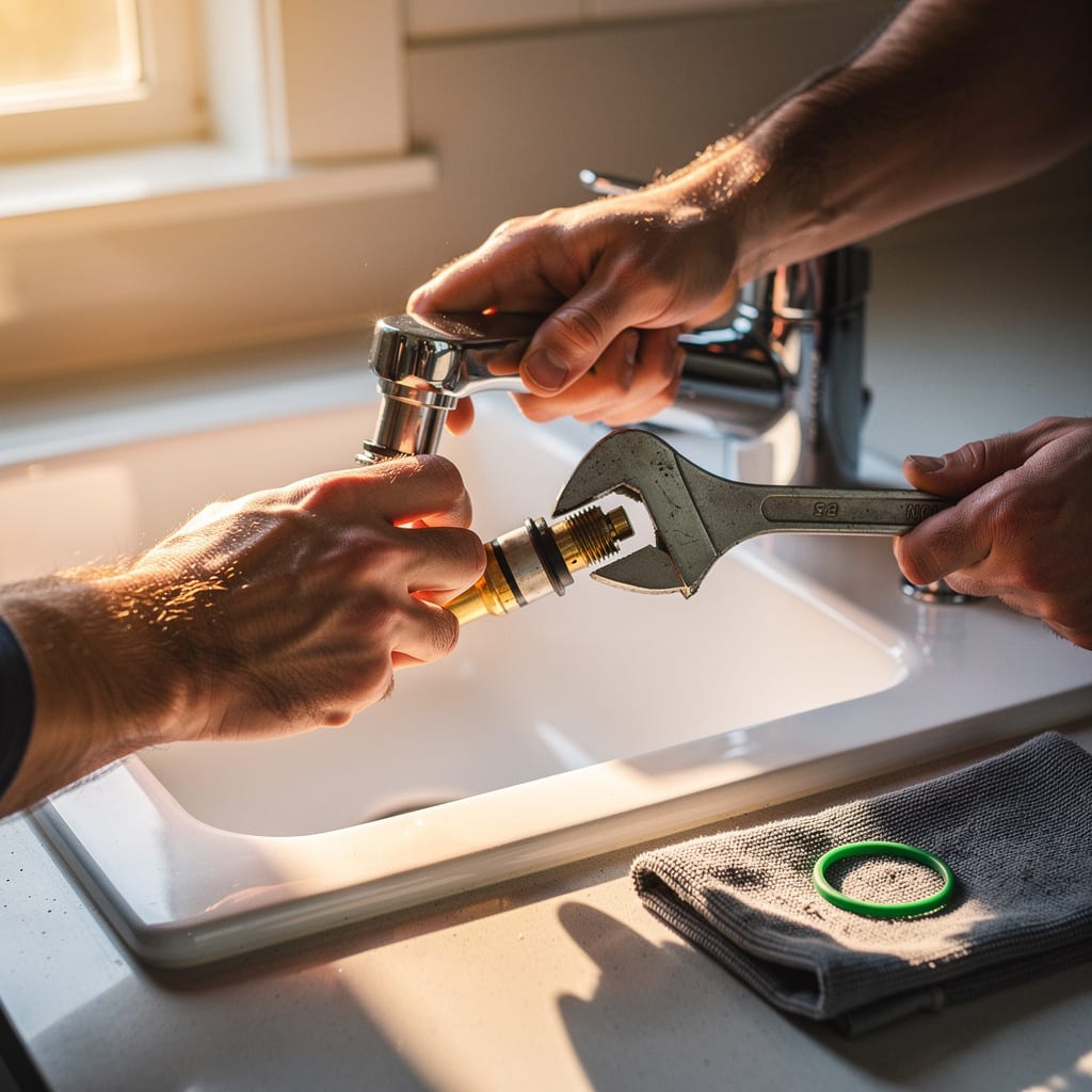 A technician's hands replacing a faucet cartridge under a bright white kitchen sink