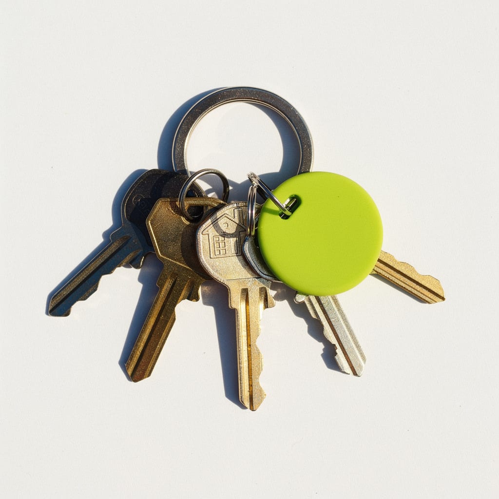 A steel ring of house and mailbox keys with a green rubber tag, photographed on white